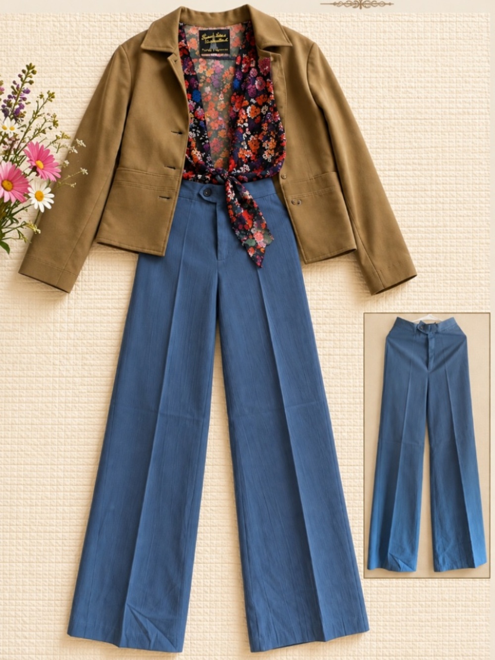Vintage 1960s–1970s Floral Top, Blue Pants & Suede-Look Jacket Ensemble